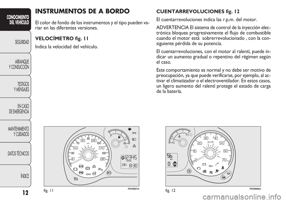 FIAT DOBLO COMBI 2012  Manual de Empleo y Cuidado (in Spanish) 12
CONOCIMIENTODEL VEHÍCULO
SEGURIDAD
ARRANQUE
Y

CONDUCCIÓN TESTIGOS
Y MENSAJES
EN CASO
DE EMERGENCIA
MANTENIMIENTO YCUIDADOS
DATOS TÉCNICOS
ÍNDICE
F0V0007mfig. 11F0V0008mfig. 12
CUENTARREVOLUCIO