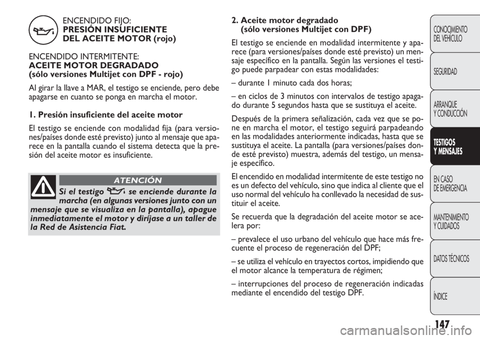 FIAT DOBLO COMBI 2012 Manual de Empleo y Cuidado (in Spanish) ENCENDIDO FIJO:PRESIÓN INSUFICIENTE
DEL ACEITE MOTOR (rojo)
ENCENDIDO INTERMITENTE:
ACEITE MOTOR DEGRADADO
(sólo versiones Multijet con DPF - rojo)
Al girar la llave a MAR, el testigo se enciende, FIAT DOBLO COMBI 2012 Manual de Empleo y Cuidado (in Spanish) ENCENDIDO FIJO:PRESIÓN INSUFICIENTE
DEL ACEITE MOTOR (rojo)
ENCENDIDO INTERMITENTE:
ACEITE MOTOR DEGRADADO
(sólo versiones Multijet con DPF - rojo)
Al girar la llave a MAR, el testigo se enciende,