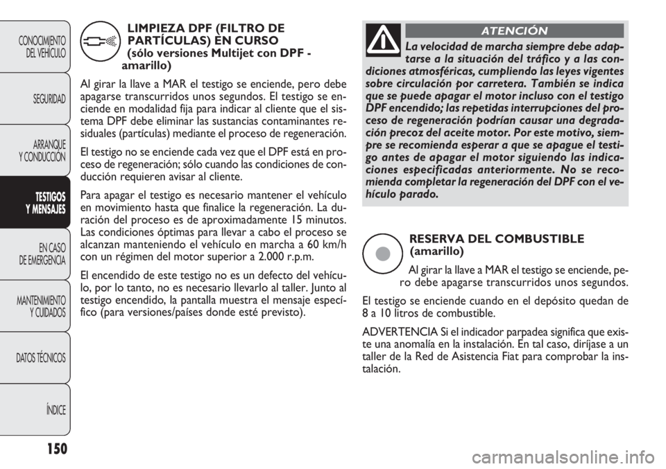 FIAT DOBLO COMBI 2012 Manual de Empleo y Cuidado (in Spanish) 150
RESERVA DEL COMBUSTIBLE (amarillo)
Al girar la llave a MAR el testigo se enciende, pe-
ro debe apagarse transcurridos unos segundos.
El testigo se enciende cuando en el depósito quedan de
8 a 10 FIAT DOBLO COMBI 2012 Manual de Empleo y Cuidado (in Spanish) 150
RESERVA DEL COMBUSTIBLE (amarillo)
Al girar la llave a MAR el testigo se enciende, pe-
ro debe apagarse transcurridos unos segundos.
El testigo se enciende cuando en el depósito quedan de
8 a 10