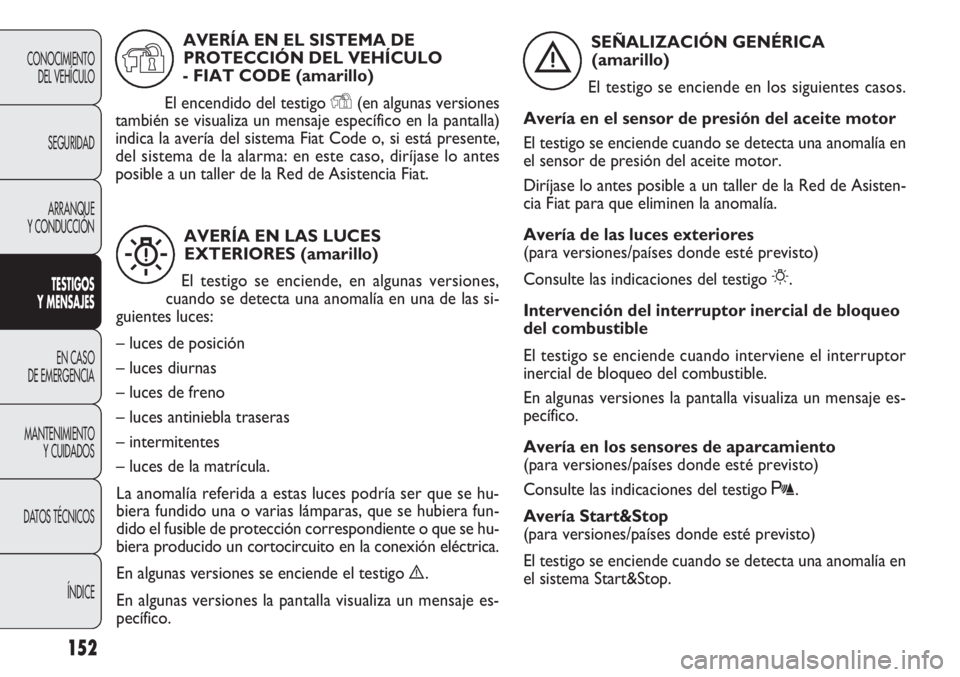 FIAT DOBLO COMBI 2012 Manual de Empleo y Cuidado (in Spanish) 152
CONOCIMIENTODEL VEHÍCULO
SEGURIDADARRANQUE
Y CONDUCCIÓN
TESTIGOS
Y MEN SAJES
EN CASO
DE EMERGENCIA
MANTENIMIENTO Y CUIDADOS
DA
TOS TÉCNICOS ÍNDICE
AVERÍA EN LAS LUCES EXTERIORES (amarillo) FIAT DOBLO COMBI 2012 Manual de Empleo y Cuidado (in Spanish) 152
CONOCIMIENTODEL VEHÍCULO
SEGURIDADARRANQUE
Y CONDUCCIÓN
TESTIGOS
Y MEN SAJES
EN CASO
DE EMERGENCIA
MANTENIMIENTO Y CUIDADOS
DA
TOS TÉCNICOS ÍNDICE
AVERÍA EN LAS LUCES EXTERIORES (amarillo)
