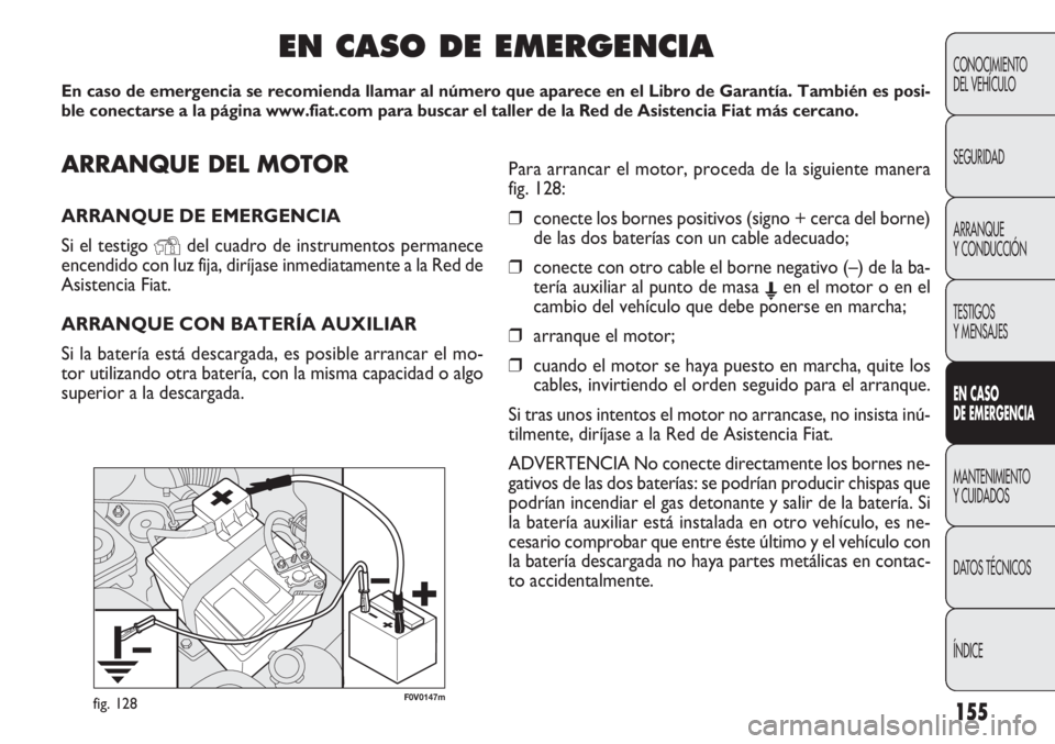 FIAT DOBLO COMBI 2012 Manual de Empleo y Cuidado (in Spanish) 155
F0V0147mfig. 128
CONOCIMIENTO
DEL VEHÍCULO
SEGURIDAD
ARRANQUE
Y CONDUCCIÓN
TESTIGOS
Y MENSAJES
EN C ASO
DE EM ER GEN CIA
MANTENIMIENTO
Y CUIDADOS
DA
TOS TÉCNICOS
ÍNDICE
ARRANQUE DEL MOTOR
A FIAT DOBLO COMBI 2012 Manual de Empleo y Cuidado (in Spanish) 155
F0V0147mfig. 128
CONOCIMIENTO
DEL VEHÍCULO
SEGURIDAD
ARRANQUE
Y CONDUCCIÓN
TESTIGOS
Y MENSAJES
EN C ASO
DE EM ER GEN CIA
MANTENIMIENTO
Y CUIDADOS
DA
TOS TÉCNICOS
ÍNDICE
ARRANQUE DEL MOTOR
A