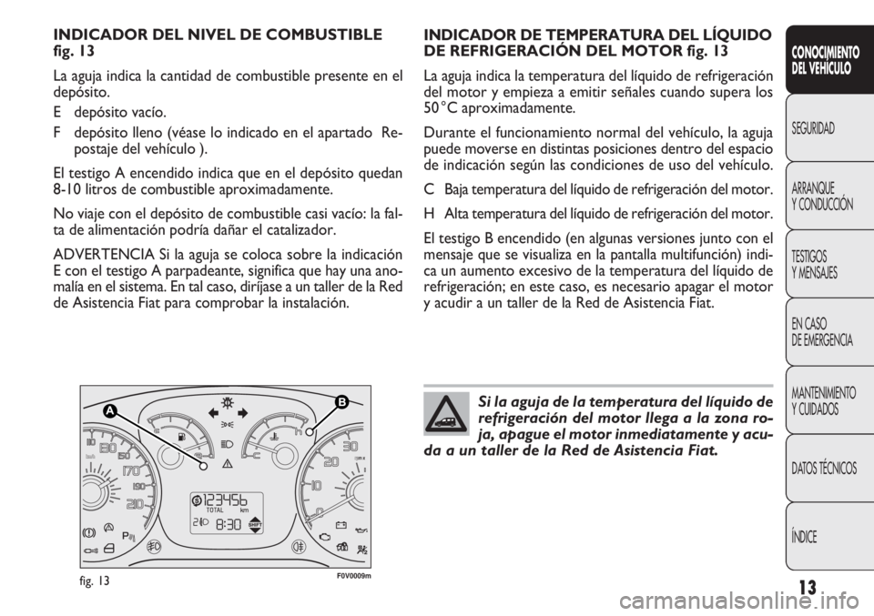 FIAT DOBLO COMBI 2012  Manual de Empleo y Cuidado (in Spanish) 13
CONOCIMIENTO
DEL VEHÍCULO
SEGURIDAD
ARRANQUE
Y
CONDUCCIÓN
TESTIGOS
Y MENSAJES
EN CASO
DE EMERGENCIA
MANTENIMIENTO
Y CUIDADOS
DATOS TÉCNICOS
ÍNDICE
F0V0009mfig. 13
INDICADOR DE TEMPERATURA DEL L