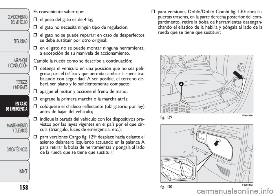 FIAT DOBLO COMBI 2012 Manual de Empleo y Cuidado (in Spanish) F0V0148mfig. 130
F0V0149mfig. 129
158
Es conveniente saber que:
❒el peso del gato es de 4 kg;
❒ el gato no necesita ningún tipo de regulación;
❒ el gato no se puede reparar: en caso de desperf FIAT DOBLO COMBI 2012 Manual de Empleo y Cuidado (in Spanish) F0V0148mfig. 130
F0V0149mfig. 129
158
Es conveniente saber que:
❒el peso del gato es de 4 kg;
❒ el gato no necesita ningún tipo de regulación;
❒ el gato no se puede reparar: en caso de desperf