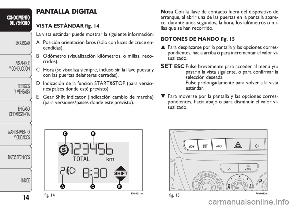 FIAT DOBLO COMBI 2013  Manual de Empleo y Cuidado (in Spanish) 14
CONOCIMIENTODEL VEHÍCULO
SEGURIDAD
ARRANQUE
Y

CONDUCCIÓN TESTIGOS
Y MENSAJES
EN CASO
DE EMERGENCIA
MANTENIMIENTO YCUIDADOS
DATOS TÉCNICOS
ÍNDICE
PANTALLA DIGITAL
VISTA ESTÁNDAR fig. 14
La vis