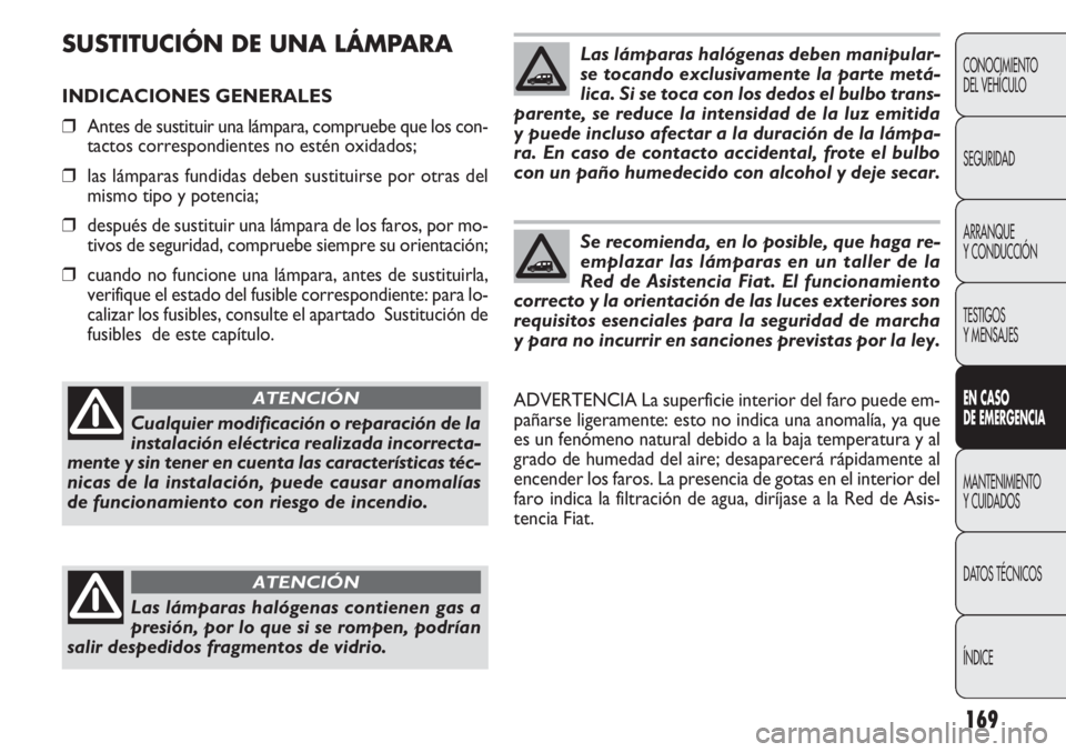FIAT DOBLO COMBI 2012 Manual de Empleo y Cuidado (in Spanish) 169
SUSTITUCIÓN DE UNA LÁMPARA
INDICACIONES GENERALES
❒Antes de sustituir una lámpara, compruebe que los con-
tactos correspondientes no estén oxidados;
❒ las lámparas fundidas deben sustitui FIAT DOBLO COMBI 2012 Manual de Empleo y Cuidado (in Spanish) 169
SUSTITUCIÓN DE UNA LÁMPARA
INDICACIONES GENERALES
❒Antes de sustituir una lámpara, compruebe que los con-
tactos correspondientes no estén oxidados;
❒ las lámparas fundidas deben sustitui
