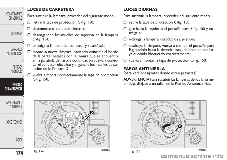 FIAT DOBLO COMBI 2012 Manual de Empleo y Cuidado (in Spanish) 174
F0V0032mfig. 154F0V0033mfig. 155
LUCES DIURNAS
Para sustituir la lámpara, proceder del siguiente modo:
❒retire la tapa de protección C-fig. 150;
❒ gire hacia la izquierda el portalámpara E- FIAT DOBLO COMBI 2012 Manual de Empleo y Cuidado (in Spanish) 174
F0V0032mfig. 154F0V0033mfig. 155
LUCES DIURNAS
Para sustituir la lámpara, proceder del siguiente modo:
❒retire la tapa de protección C-fig. 150;
❒ gire hacia la izquierda el portalámpara E-