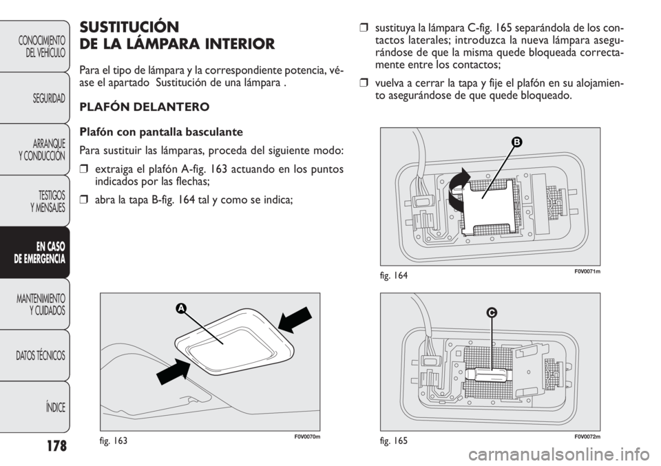 FIAT DOBLO COMBI 2012 Manual de Empleo y Cuidado (in Spanish) 178
❒sustituya la lámpara C-fig. 165 separándola de los con-
tactos laterales; introduzca la nueva lámpara asegu-
rándose de que la misma quede bloqueada correcta-
mente entre los contactos;
❒ FIAT DOBLO COMBI 2012 Manual de Empleo y Cuidado (in Spanish) 178
❒sustituya la lámpara C-fig. 165 separándola de los con-
tactos laterales; introduzca la nueva lámpara asegu-
rándose de que la misma quede bloqueada correcta-
mente entre los contactos;
❒