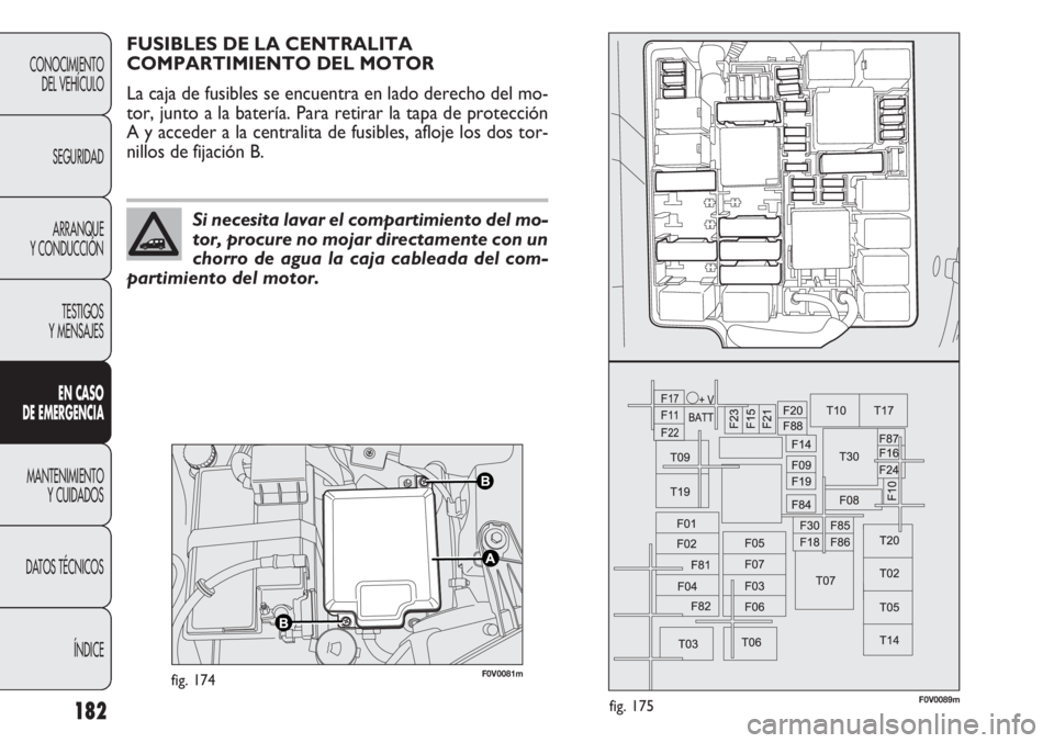 FIAT DOBLO COMBI 2012 Manual de Empleo y Cuidado (in Spanish) 182
F0V0081mfig. 174F0V0089mfig. 175
FUSIBLES DE LA CENTRALITA
COMPARTIMIENTO DEL MOTOR
La caja de fusibles se encuentra en lado derecho del mo-
tor, junto a la batería. Para retirar la tapa de prot FIAT DOBLO COMBI 2012 Manual de Empleo y Cuidado (in Spanish) 182
F0V0081mfig. 174F0V0089mfig. 175
FUSIBLES DE LA CENTRALITA
COMPARTIMIENTO DEL MOTOR
La caja de fusibles se encuentra en lado derecho del mo-
tor, junto a la batería. Para retirar la tapa de prot