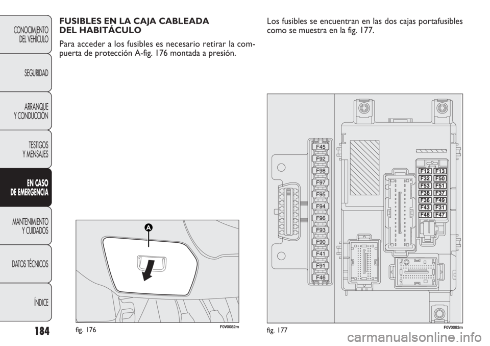 FIAT DOBLO COMBI 2012 Manual de Empleo y Cuidado (in Spanish) 184
CONOCIMIENTODEL VEHÍCULO
SEGURIDADARRANQUE
Y CONDUCCIÓN
TESTIGOS
Y MENSAJES
EN C ASO
DE EM ER GEN CIA
MANTENIMIENTO Y CUIDADOS
DA
TOS TÉCNICOS ÍNDICE
F0V0082mfig. 176F0V0083mfig. 177
FUSIBL FIAT DOBLO COMBI 2012 Manual de Empleo y Cuidado (in Spanish) 184
CONOCIMIENTODEL VEHÍCULO
SEGURIDADARRANQUE
Y CONDUCCIÓN
TESTIGOS
Y MENSAJES
EN C ASO
DE EM ER GEN CIA
MANTENIMIENTO Y CUIDADOS
DA
TOS TÉCNICOS ÍNDICE
F0V0082mfig. 176F0V0083mfig. 177
FUSIBL
