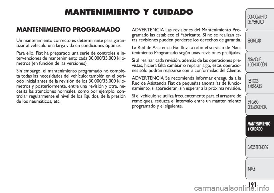 FIAT DOBLO COMBI 2012 Manual de Empleo y Cuidado (in Spanish) 191
CONOCIMIENTO
DEL VEHÍCULO
SEGURIDAD
ARRANQUE
Y CONDUCCIÓN
TESTIGOS
Y MENSAJES
EN CASO
DE EMERGENCIA
MANTENIMIENTO
Y CUID ADO
DATOS TÉCNICOS
ÍNDICEMANTENIMIENTO Y CUIDADO
MANTENIMIENTO PROGRAM FIAT DOBLO COMBI 2012 Manual de Empleo y Cuidado (in Spanish) 191
CONOCIMIENTO
DEL VEHÍCULO
SEGURIDAD
ARRANQUE
Y CONDUCCIÓN
TESTIGOS
Y MENSAJES
EN CASO
DE EMERGENCIA
MANTENIMIENTO
Y CUID ADO
DATOS TÉCNICOS
ÍNDICEMANTENIMIENTO Y CUIDADO
MANTENIMIENTO PROGRAM