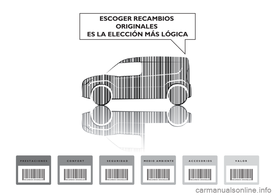 FIAT DOBLO COMBI 2014  Manual de Empleo y Cuidado (in Spanish) ESCOGER RECAMBIOSORIGINALES
ES LA ELECCIÓN MÁS LÓGICA
PRESTACIONES
RECAMBIOS ORIGINALES
CONFORT
RECAMBIOS ORIGINALES
SEGURIDAD
RECAMBIOS ORIGINALES
MEDIO AMBIENTE
RECAMBIOS ORIGINALES
VALOR
RECAMBI