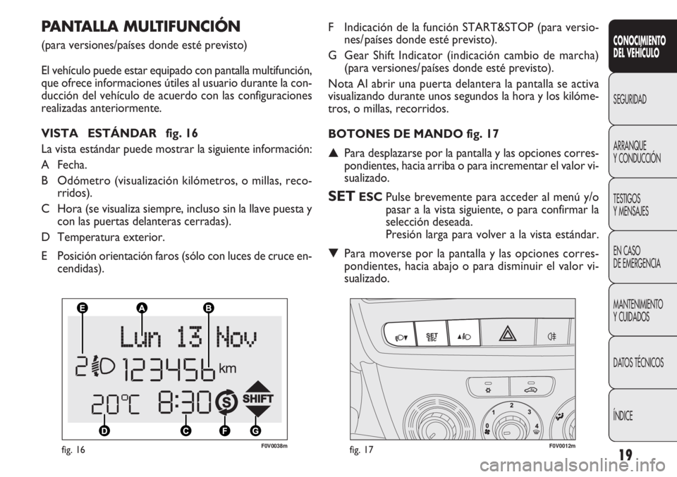 FIAT DOBLO COMBI 2012  Manual de Empleo y Cuidado (in Spanish) 19
F0V0038mfig. 16F0V0012mfig. 17
F Indicación de la función START&STOP (para versio-nes/ países donde esté previsto).
G Gear Shift Indicator (indicación cambio de marcha) (para versiones/ paíse