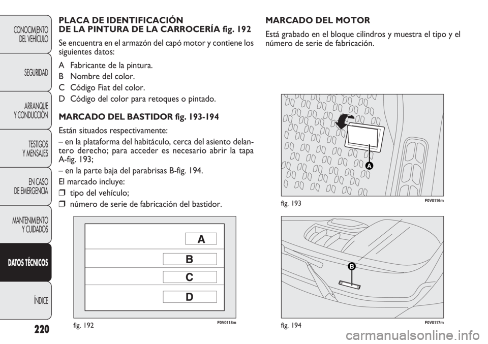 FIAT DOBLO COMBI 2012 Manual de Empleo y Cuidado (in Spanish) 220
F0V0118mfig. 192F0V0117mfig. 194
F0V0116mfig. 193
MARCADO DEL MOTOR
Está grabado en el bloque cilindros y muestra el tipo y el
número de serie de fabricación.
PLACA DE IDENTIFICACIÓN
DE LA PI FIAT DOBLO COMBI 2012 Manual de Empleo y Cuidado (in Spanish) 220
F0V0118mfig. 192F0V0117mfig. 194
F0V0116mfig. 193
MARCADO DEL MOTOR
Está grabado en el bloque cilindros y muestra el tipo y el
número de serie de fabricación.
PLACA DE IDENTIFICACIÓN
DE LA PI