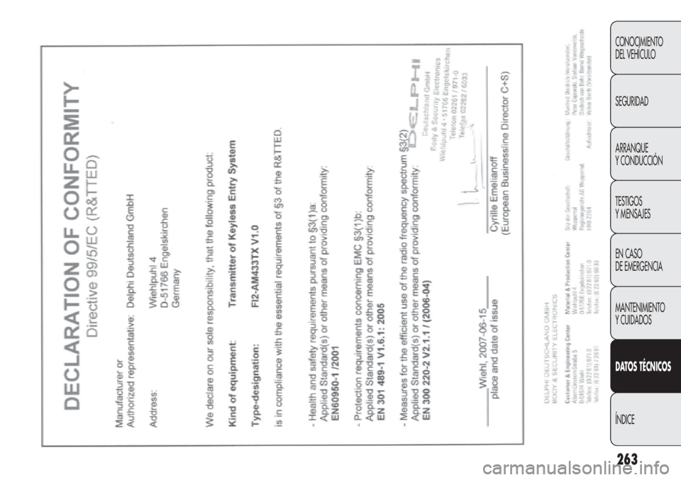 FIAT DOBLO COMBI 2012 Manual de Empleo y Cuidado (in Spanish) 263
CONOCIMIENTO
DEL VEHÍCULO
SEGURIDAD
ARRANQUE
Y CONDUCCIÓN
TESTIGOS
Y MENSAJES
EN CASO
DE EMERGENCIA
MANTENIMIENTO
Y CUIDADOS
DAT OS TÉCNICOS
ÍNDICE FIAT DOBLO COMBI 2012 Manual de Empleo y Cuidado (in Spanish) 263
CONOCIMIENTO
DEL VEHÍCULO
SEGURIDAD
ARRANQUE
Y CONDUCCIÓN
TESTIGOS
Y MENSAJES
EN CASO
DE EMERGENCIA
MANTENIMIENTO
Y CUIDADOS
DAT OS TÉCNICOS
ÍNDICE