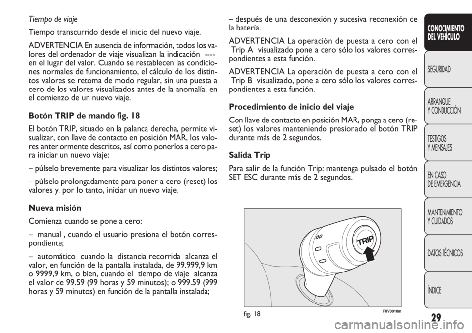 FIAT DOBLO COMBI 2013  Manual de Empleo y Cuidado (in Spanish) 29
F0V0010mfig. 18
– después de una desconexión y sucesiva reconexión de
la batería.
ADVERTENCIA La operación de puesta a cero con elTrip A visualizado pone a cero sólo los valores corres-
pon