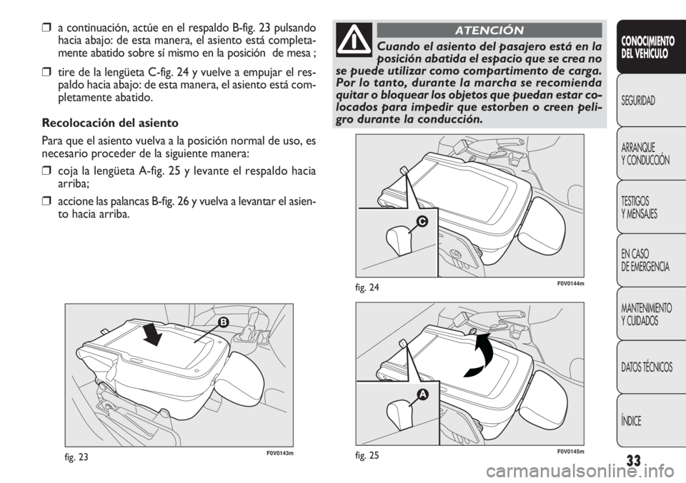 FIAT DOBLO COMBI 2013 Manual de Empleo y Cuidado (in Spanish) 33F0V0143mfig. 23
F0V0144mfig. 24
CONOCIMIENTO
DEL VEHÍCULO
SEGURIDAD
ARRANQUE
Y
CONDUCCIÓN
TESTIGOS
Y MENSAJES
EN CASO
DE EMERGENCIA
MANTENIMIENTO
Y CUIDADOS
DATOS TÉCNICOS
ÍNDICE
❒a continuaci FIAT DOBLO COMBI 2013 Manual de Empleo y Cuidado (in Spanish) 33F0V0143mfig. 23
F0V0144mfig. 24
CONOCIMIENTO
DEL VEHÍCULO
SEGURIDAD
ARRANQUE
Y
CONDUCCIÓN
TESTIGOS
Y MENSAJES
EN CASO
DE EMERGENCIA
MANTENIMIENTO
Y CUIDADOS
DATOS TÉCNICOS
ÍNDICE
❒a continuaci