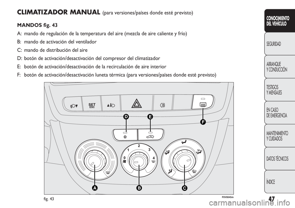 FIAT DOBLO COMBI 2012 Manual de Empleo y Cuidado (in Spanish) 47
CLIMATIZADOR MANUAL (para versiones/países donde esté previsto)
MANDOS fig. 43
A: mando de regulación de la temperatura del aire (mezcla de aire calie\
nte y frío)
B: mando de activación del v FIAT DOBLO COMBI 2012 Manual de Empleo y Cuidado (in Spanish) 47
CLIMATIZADOR MANUAL (para versiones/países donde esté previsto)
MANDOS fig. 43
A: mando de regulación de la temperatura del aire (mezcla de aire calie\
nte y frío)
B: mando de activación del v