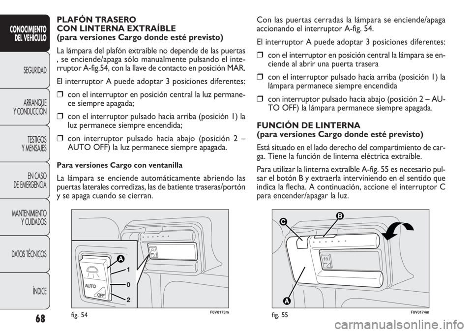 FIAT DOBLO COMBI 2012 Manual de Empleo y Cuidado (in Spanish) 68
CONOCIMIE NTO
DEL VEHÍC ULO
SEGURIDAD
ARRANQUE
Y CONDUCCIÓN
TESTIGOS
Y MENSAJES
EN CASO
DE EMERGENCIA
MANTENIMIENTO Y CUIDADOS
DA
TOS TÉCNICOS ÍNDICE
\002\003 \004\005
F0V0174mfig. 55
Con la FIAT DOBLO COMBI 2012 Manual de Empleo y Cuidado (in Spanish) 68
CONOCIMIE NTO
DEL VEHÍC ULO
SEGURIDAD
ARRANQUE
Y CONDUCCIÓN
TESTIGOS
Y MENSAJES
EN CASO
DE EMERGENCIA
MANTENIMIENTO Y CUIDADOS
DA
TOS TÉCNICOS ÍNDICE
\002\003 \004\005
F0V0174mfig. 55
Con la