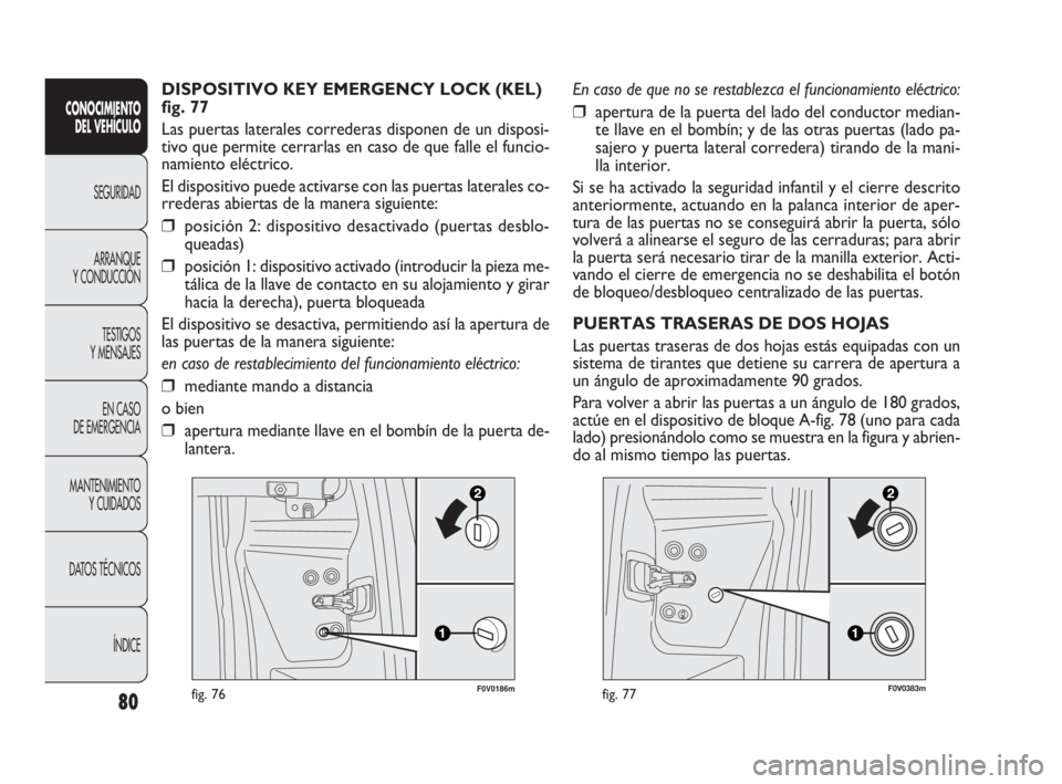 FIAT DOBLO COMBI 2013  Manual de Empleo y Cuidado (in Spanish) 80
F0V0186mfig. 76
CONOCIMIENTO 
DEL VEHÍCULO
SEGURIDAD
ARRANQUE 
Y CONDUCCIÓN
TESTIGOS 
Y MENSAJES
EN CASO 
DE EMERGENCIA
MANTENIMIENTO 
Y CUIDADOS
DATOS TÉCNICOS
ÍNDICE
DISPOSITIVO KEY EMERGENCY