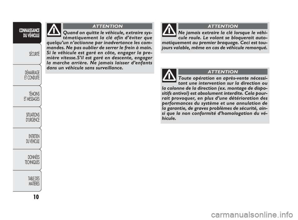 FIAT DOBLO COMBI 2009  Notice dentretien (in French) 10
CONNAISSANCE
DU VÉHICULE
SÉCURITÉ
DÉMARRAGE 
ET CONDUITE
TÉMOINS 
ET MESSAGES
SITUATIONS 
D’URGENCE
ENTRETIEN 
DU VÉHICULE
DONNÉES 
TECHNIQUES
TABLE DES 
MATIÈRES
Ne jamais extraire la cl