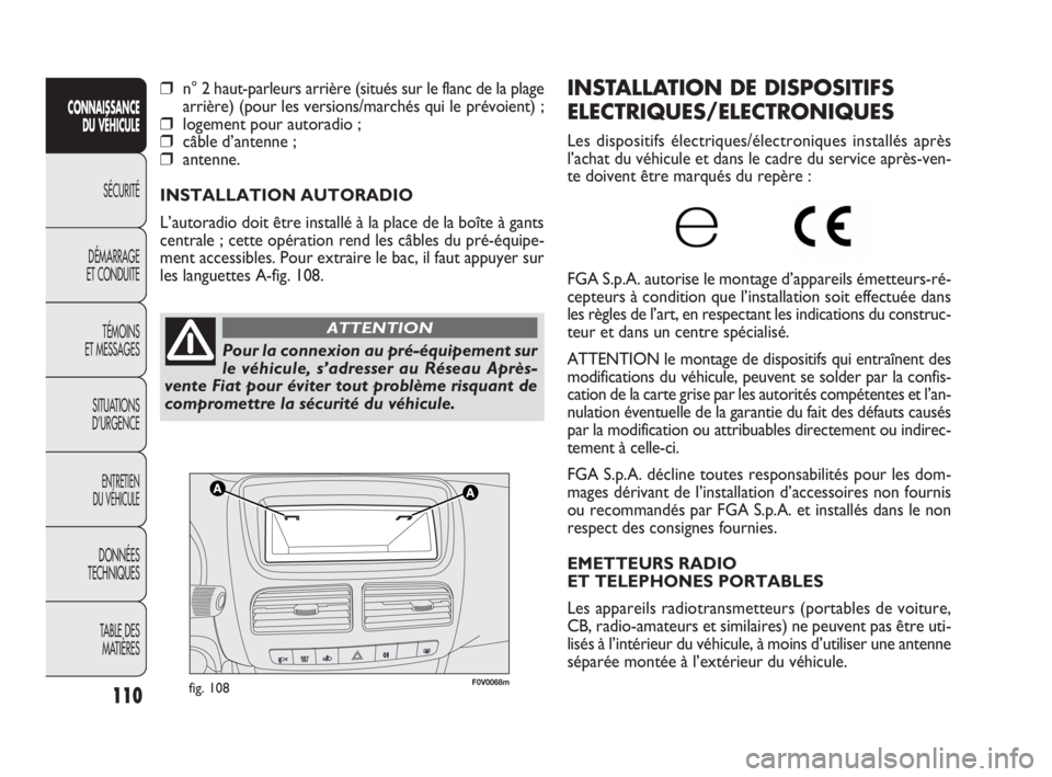 FIAT DOBLO COMBI 2010 Notice dentretien (in French) F0V0068mfig. 108
INSTALLATION DE DISPOSITIFS
ELECTRIQUES/ELECTRONIQUES
Les dispositifs électriques/électroniques installés après
l’achat du véhicule et dans le cadre du service après-ven-
te d FIAT DOBLO COMBI 2010 Notice dentretien (in French) F0V0068mfig. 108
INSTALLATION DE DISPOSITIFS
ELECTRIQUES/ELECTRONIQUES
Les dispositifs électriques/électroniques installés après
l’achat du véhicule et dans le cadre du service après-ven-
te d