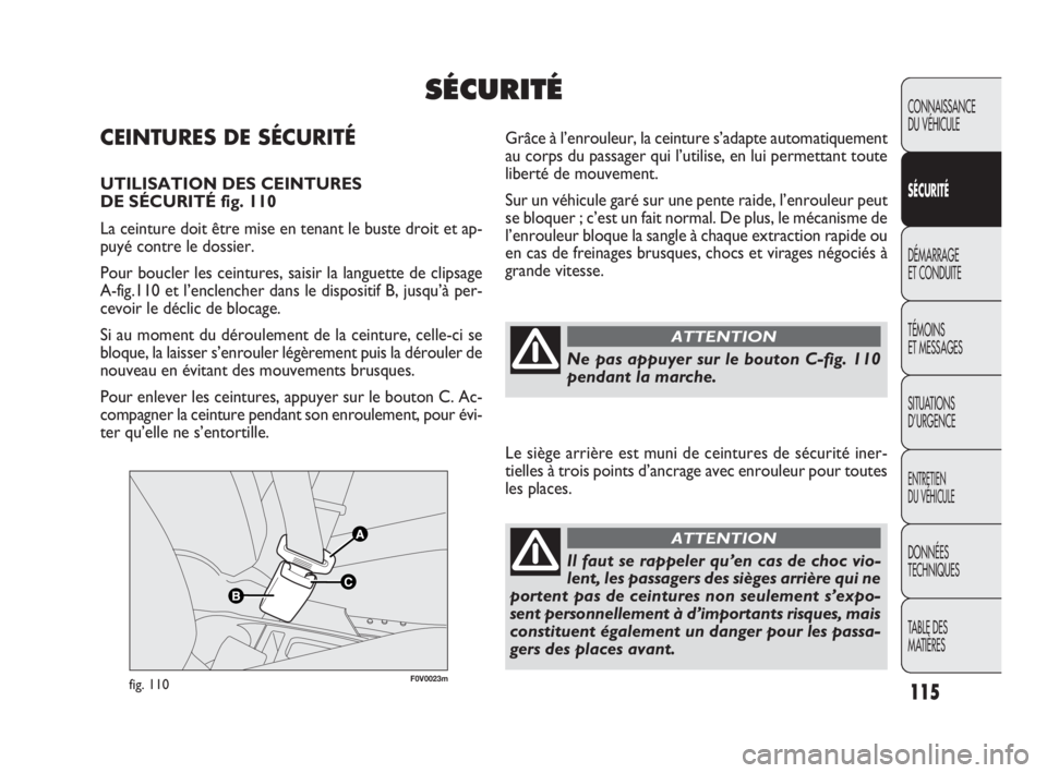FIAT DOBLO COMBI 2009 Notice dentretien (in French) 115
CONNAISSANCE
DU VÉHICULE
SÉCURITÉ
DÉMARRAGE
ET CONDUITE
TÉMOINS
ET MESSAGES
SITUATIONS
D’URGENCE
ENTRETIEN
DU VÉHICULE
DONNÉES
TECHNIQUES
TABLE DES
MATIÈRES
F0V0023mfig. 110
Grâc FIAT DOBLO COMBI 2009 Notice dentretien (in French) 115
CONNAISSANCE
DU VÉHICULE
SÉCURITÉ
DÉMARRAGE
ET CONDUITE
TÉMOINS
ET MESSAGES
SITUATIONS
D’URGENCE
ENTRETIEN
DU VÉHICULE
DONNÉES
TECHNIQUES
TABLE DES
MATIÈRES
F0V0023mfig. 110
Grâc