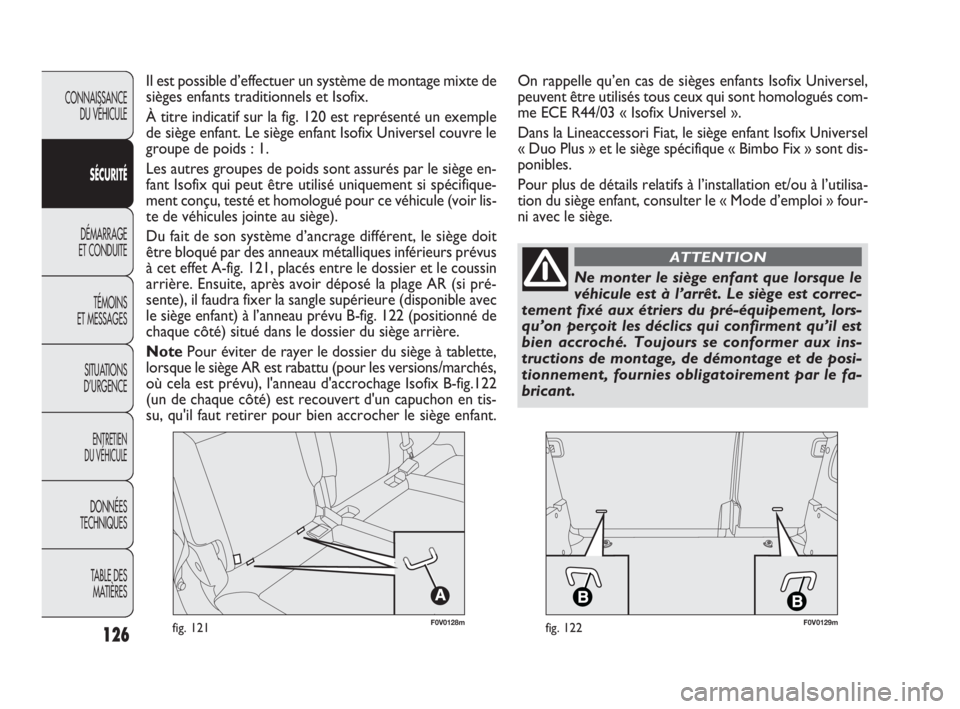 FIAT DOBLO COMBI 2010 Notice dentretien (in French) 126
CONNAISSANCE
DU VÉHICULE
SÉCURITÉ
DÉMARRAGE
ET CONDUITE
TÉMOINS
ET MESSAGES
SITUATIONS
D’URGENCE
ENTRETIEN
DU VÉHICULE
DONNÉES
TECHNIQUES
TABLE DES
MATIÈRES
F0V0128mfig. 121F0V0129m FIAT DOBLO COMBI 2010 Notice dentretien (in French) 126
CONNAISSANCE
DU VÉHICULE
SÉCURITÉ
DÉMARRAGE
ET CONDUITE
TÉMOINS
ET MESSAGES
SITUATIONS
D’URGENCE
ENTRETIEN
DU VÉHICULE
DONNÉES
TECHNIQUES
TABLE DES
MATIÈRES
F0V0128mfig. 121F0V0129m