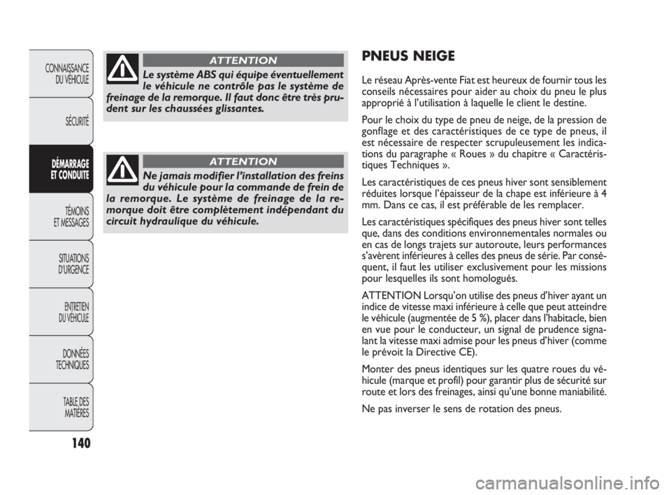 FIAT DOBLO COMBI 2010 Notice dentretien (in French) 140
CONNAISSANCE
DU VÉHICULE
SÉCURITÉ
DÉMARRAGE
ET CONDUITE
TÉMOINS
ET MESSAGES
SITUATIONS
D’URGENCE
ENTRETIEN
DU VÉHICULE
DONNÉES
TECHNIQUES
TABLE DES
MATIÈRES
PNEUS NEIGE
Le réseau FIAT DOBLO COMBI 2010 Notice dentretien (in French) 140
CONNAISSANCE
DU VÉHICULE
SÉCURITÉ
DÉMARRAGE
ET CONDUITE
TÉMOINS
ET MESSAGES
SITUATIONS
D’URGENCE
ENTRETIEN
DU VÉHICULE
DONNÉES
TECHNIQUES
TABLE DES
MATIÈRES
PNEUS NEIGE
Le réseau