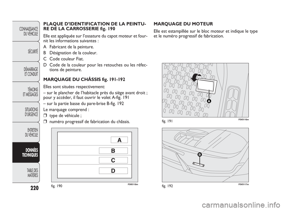 FIAT DOBLO COMBI 2010 Notice dentretien (in French) 220
CONNAISSANCE
DU VÉHICULE
SÉCURITÉ
DÉMARRAGE
ET CONDUIT
TÉMOINS
ET MESSAGES
SITUATIONS
D’URGENCE
ENTRETIEN
DU VÉHICULE
DONNÉES
TECHNIQUES
TABLE DES
MATIÈRES
F0V0118mfig. 190F0V0117 FIAT DOBLO COMBI 2010 Notice dentretien (in French) 220
CONNAISSANCE
DU VÉHICULE
SÉCURITÉ
DÉMARRAGE
ET CONDUIT
TÉMOINS
ET MESSAGES
SITUATIONS
D’URGENCE
ENTRETIEN
DU VÉHICULE
DONNÉES
TECHNIQUES
TABLE DES
MATIÈRES
F0V0118mfig. 190F0V0117