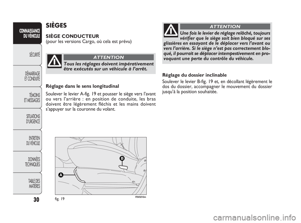 FIAT DOBLO COMBI 2009 Notice dentretien (in French) 30
CONNAISSANCE
DU VÉHICULE
SÉCURITÉ
DÉMARRAGE
ET CONDUITE
TÉMOINS
ET MESSAGES
SITUATIONS
D’URGENCE
ENTRETIEN
DU VÉHICULE
DONNÉES
TECHNIQUES
TABLE DES
MATIÈRES
Réglage du dossier incl FIAT DOBLO COMBI 2009 Notice dentretien (in French) 30
CONNAISSANCE
DU VÉHICULE
SÉCURITÉ
DÉMARRAGE
ET CONDUITE
TÉMOINS
ET MESSAGES
SITUATIONS
D’URGENCE
ENTRETIEN
DU VÉHICULE
DONNÉES
TECHNIQUES
TABLE DES
MATIÈRES
Réglage du dossier incl