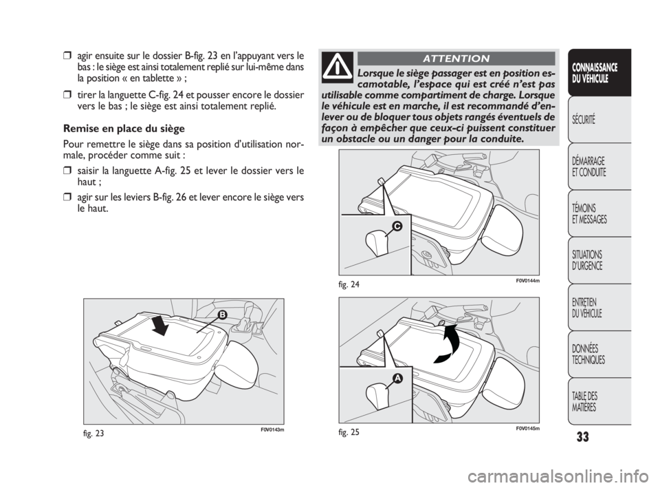 FIAT DOBLO COMBI 2010 Notice dentretien (in French) 33
CONNAISSANCE
DU VÉHICULE
SÉCURITÉ
DÉMARRAGE
ET CONDUITE
TÉMOINS
ET MESSAGES
SITUATIONS
D’URGENCE
ENTRETIEN
DU VÉHICULE
DONNÉES
TECHNIQUES
TABLE DES
MATIÈRES
F0V0143mfig. 23
F0V0144 FIAT DOBLO COMBI 2010 Notice dentretien (in French) 33
CONNAISSANCE
DU VÉHICULE
SÉCURITÉ
DÉMARRAGE
ET CONDUITE
TÉMOINS
ET MESSAGES
SITUATIONS
D’URGENCE
ENTRETIEN
DU VÉHICULE
DONNÉES
TECHNIQUES
TABLE DES
MATIÈRES
F0V0143mfig. 23
F0V0144