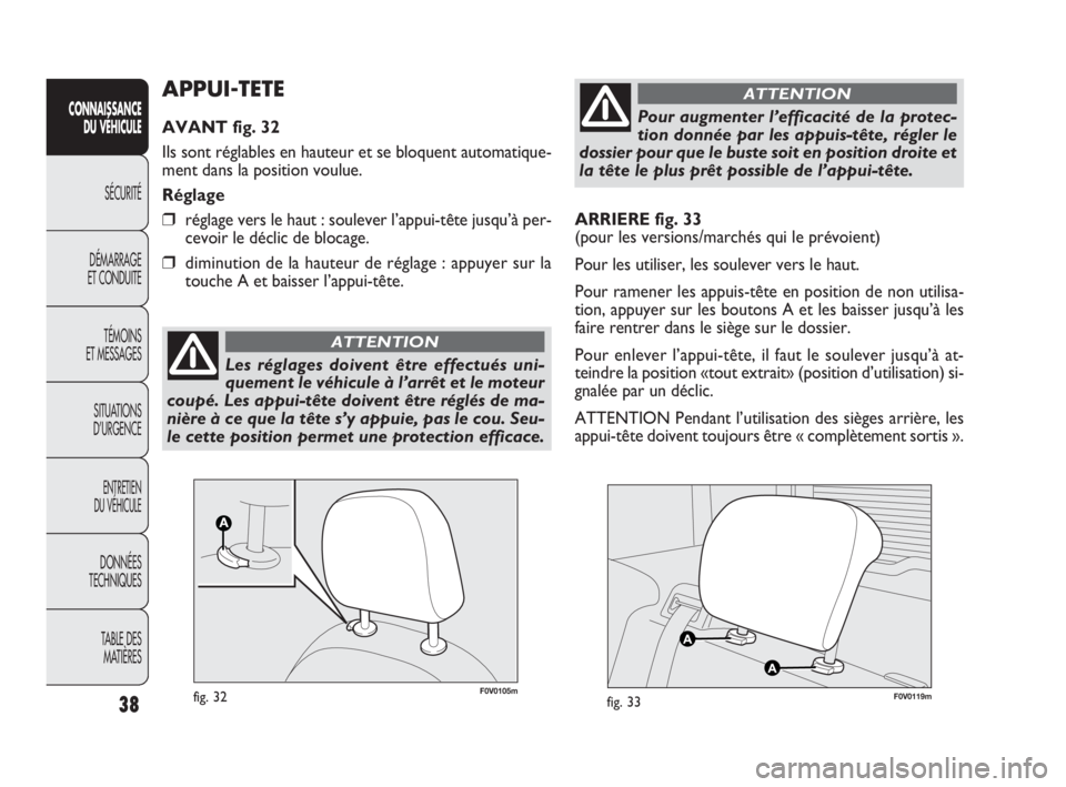 FIAT DOBLO COMBI 2009 Notice dentretien (in French) 38
CONNAISSANCE
DU VÉHICULE
SÉCURITÉ
DÉMARRAGE
ET CONDUITE
TÉMOINS
ET MESSAGES
SITUATIONS
D’URGENCE
ENTRETIEN
DU VÉHICULE
DONNÉES
TECHNIQUES
TABLE DES
MATIÈRES
ARRIERE fig. 33
(pour le FIAT DOBLO COMBI 2009 Notice dentretien (in French) 38
CONNAISSANCE
DU VÉHICULE
SÉCURITÉ
DÉMARRAGE
ET CONDUITE
TÉMOINS
ET MESSAGES
SITUATIONS
D’URGENCE
ENTRETIEN
DU VÉHICULE
DONNÉES
TECHNIQUES
TABLE DES
MATIÈRES
ARRIERE fig. 33
(pour le