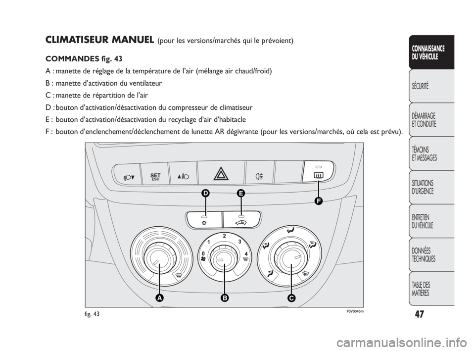 FIAT DOBLO COMBI 2009 Notice dentretien (in French) CLIMATISEUR MANUEL (pour les versions/marchés qui le prévoient)
COMMANDES fig. 43
A : manette de réglage de la température de l’air (mélange air chaud/froid)
B : manette d’activation du venti FIAT DOBLO COMBI 2009 Notice dentretien (in French) CLIMATISEUR MANUEL (pour les versions/marchés qui le prévoient)
COMMANDES fig. 43
A : manette de réglage de la température de l’air (mélange air chaud/froid)
B : manette d’activation du venti