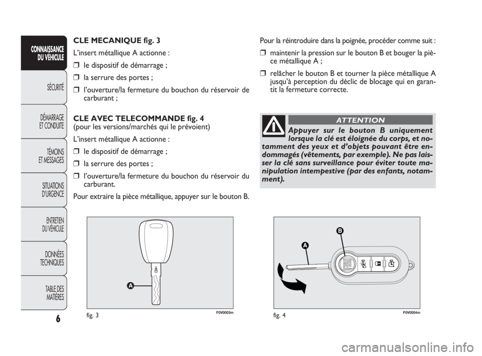 FIAT DOBLO COMBI 2009  Notice dentretien (in French) 6
CONNAISSANCE
DU VÉHICULE
SÉCURITÉ
DÉMARRAGE 
ET CONDUITE
TÉMOINS 
ET MESSAGES
SITUATIONS 
D’URGENCE
ENTRETIEN 
DU VÉHICULE
DONNÉES 
TECHNIQUES
TABLE DES 
MATIÈRES
F0V0003mfig. 3F0V0004mfig