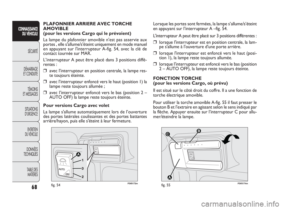 FIAT DOBLO COMBI 2009  Notice dentretien (in French) 68
CONNAISSANCE
DU VÉHICULE
SÉCURITÉ
DÉMARRAGE 
ET CONDUITE
TÉMOINS 
ET MESSAGES
SITUATIONS 
D’URGENCE
ENTRETIEN 
DU VÉHICULE
DONNÉES 
TECHNIQUES
TABLE DES 
MATIÈRES


F0V0174mfig. 55
Lo