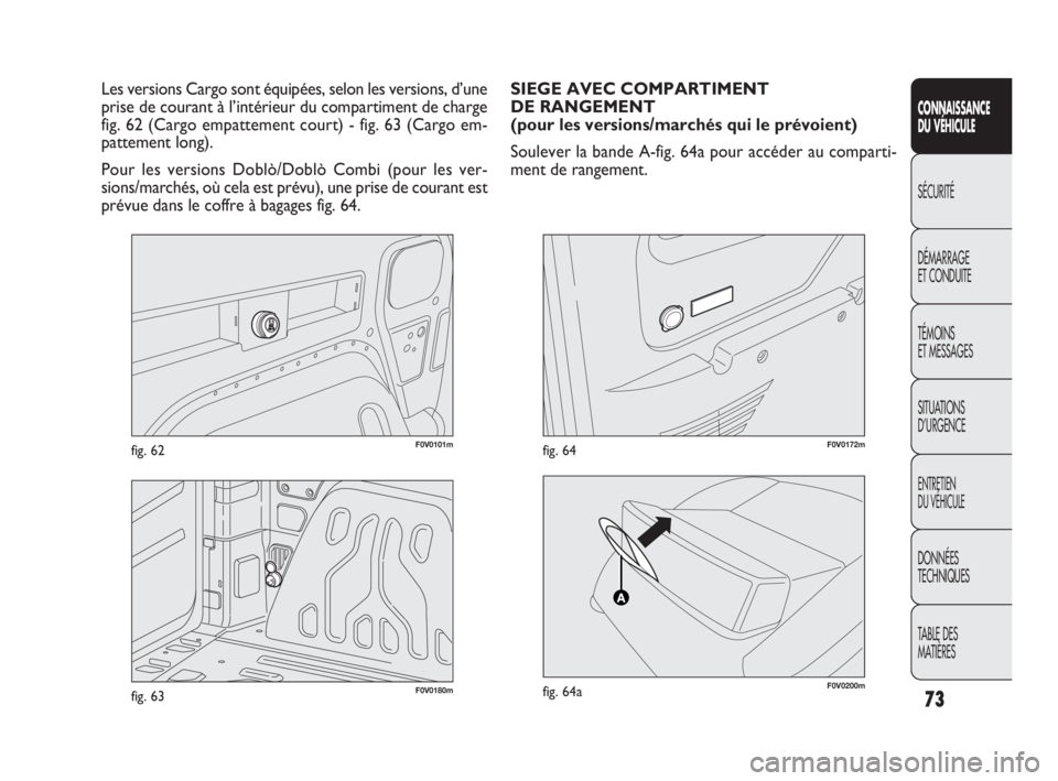 FIAT DOBLO COMBI 2009 Notice dentretien (in French) 73
CONNAISSANCE
DU VÉHICULE
SÉCURITÉ
DÉMARRAGE
ET CONDUITE
TÉMOINS
ET MESSAGES
SITUATIONS
D’URGENCE
ENTRETIEN
DU VÉHICULE
DONNÉES
TECHNIQUES
TABLE DES
MATIÈRES
F0V0101mfig. 62
Les ver FIAT DOBLO COMBI 2009 Notice dentretien (in French) 73
CONNAISSANCE
DU VÉHICULE
SÉCURITÉ
DÉMARRAGE
ET CONDUITE
TÉMOINS
ET MESSAGES
SITUATIONS
D’URGENCE
ENTRETIEN
DU VÉHICULE
DONNÉES
TECHNIQUES
TABLE DES
MATIÈRES
F0V0101mfig. 62
Les ver