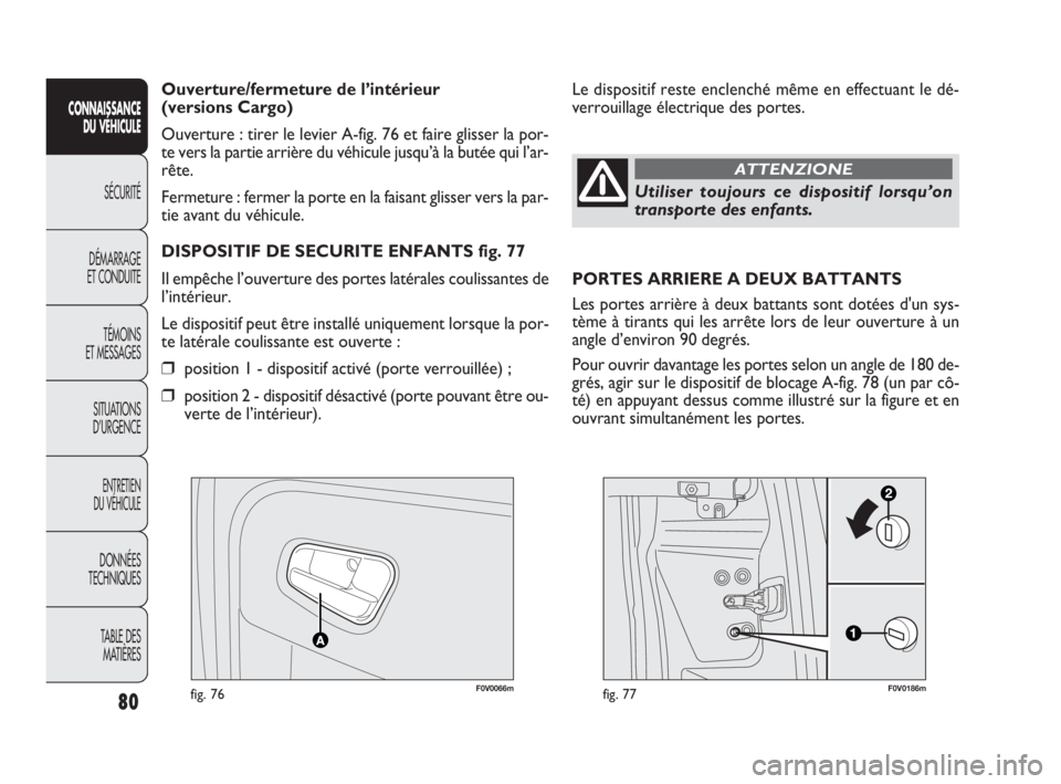 FIAT DOBLO COMBI 2009 Notice dentretien (in French) F0V0066mfig. 76F0V0186mfig. 77
Le dispositif reste enclenché même en effectuant le dé-
verrouillage électrique des portes. Ouverture/fermeture de l’intérieur
(versions Cargo)
Ouverture : tirer FIAT DOBLO COMBI 2009 Notice dentretien (in French) F0V0066mfig. 76F0V0186mfig. 77
Le dispositif reste enclenché même en effectuant le dé-
verrouillage électrique des portes. Ouverture/fermeture de l’intérieur
(versions Cargo)
Ouverture : tirer