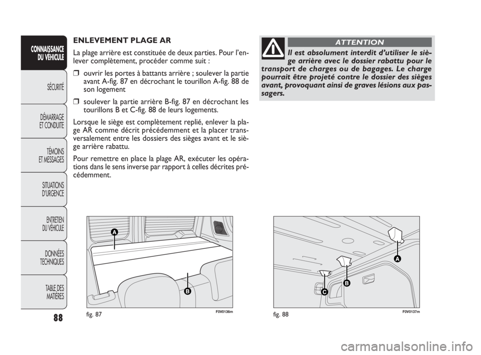 FIAT DOBLO COMBI 2009  Notice dentretien (in French) 88
CONNAISSANCE
DU VÉHICULE
SÉCURITÉ
DÉMARRAGE 
ET CONDUITE
TÉMOINS 
ET MESSAGES
SITUATIONS 
D’URGENCE
ENTRETIEN 
DU VÉHICULE
DONNÉES 
TECHNIQUES
TABLE DES 
MATIÈRES
F0V0136mfig. 87F0V0137mf