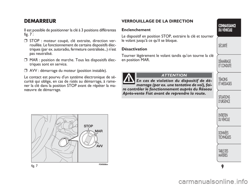 FIAT DOBLO COMBI 2009  Notice dentretien (in French) 9
CONNAISSANCE 
DU VÉHICULE
SÉCURITÉ
DÉMARRAGE 
ET CONDUITE
TÉMOINS 
ET MESSAGES
SITUATIONS 
D’URGENCE
ENTRETIEN 
DU VÉHICULE
DONNÉES 
TECHNIQUES
TABLE DES 
MATIÈRES
DEMARREUR
Il est possibl