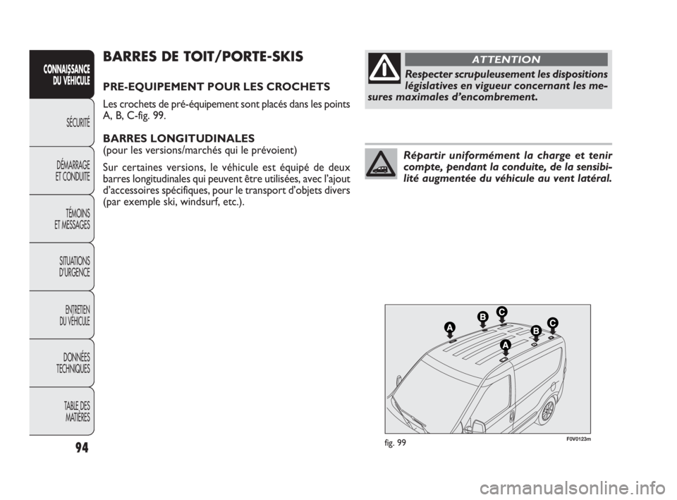 FIAT DOBLO COMBI 2010 Notice dentretien (in French) F0V0123mfig. 99
BARRES DE TOIT/PORTE-SKIS
PRE-EQUIPEMENT POUR LES CROCHETS
Les crochets de pré-équipement sont placés dans les points
A, B, C-fig. 99.
BARRES LONGITUDINALES
(pour les versions/marc FIAT DOBLO COMBI 2010 Notice dentretien (in French) F0V0123mfig. 99
BARRES DE TOIT/PORTE-SKIS
PRE-EQUIPEMENT POUR LES CROCHETS
Les crochets de pré-équipement sont placés dans les points
A, B, C-fig. 99.
BARRES LONGITUDINALES
(pour les versions/marc