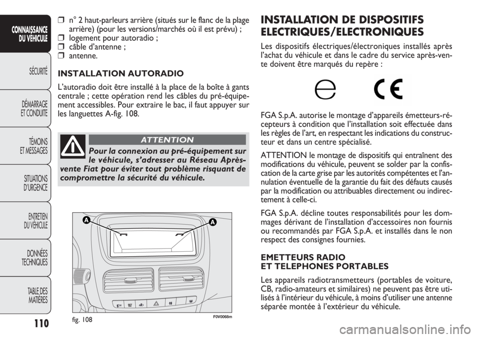 FIAT DOBLO COMBI 2011  Notice dentretien (in French) F0V0068mfig. 108
INSTALLATION DE DISPOSITIFS
ELECTRIQUES/ELECTRONIQUES
Les dispositifs électriques/électroniques installés après
l’achat du véhicule et dans le cadre du service après-ven-
te d