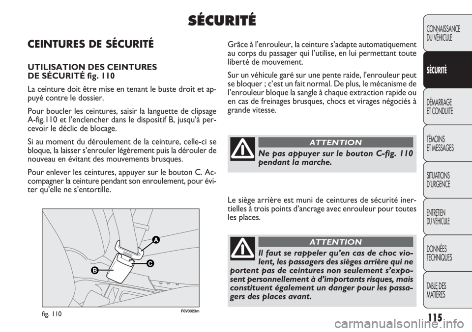 FIAT DOBLO COMBI 2011  Notice dentretien (in French) 115
CONNAISSANCE
DU VÉHICULE
SÉCURITÉ
DÉMARRAGE
ET CONDUITE
TÉMOINS
ET MESSAGES
SITUATIONS 
D’URGENCE
ENTRETIEN
DU VÉHICULE
DONNÉES
TECHNIQUES
TABLE DES 
MATIÈRES
F0V0023mfig. 110
Grâce à 