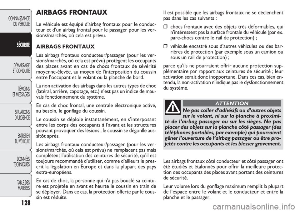 FIAT DOBLO COMBI 2011  Notice dentretien (in French) 128
CONNAISSANCE
DU VÉHICULE
SÉCURITÉ
DÉMARRAGE
ET CONDUITE
TÉMOINS
ET MESSAGES
SITUATIONS 
D’URGENCE
ENTRETIEN
DU VÉHICULE
DONNÉES
TECHNIQUES
TABLE DES
MATIÈRES
AIRBAGS FRONTAUX
Le véhicul