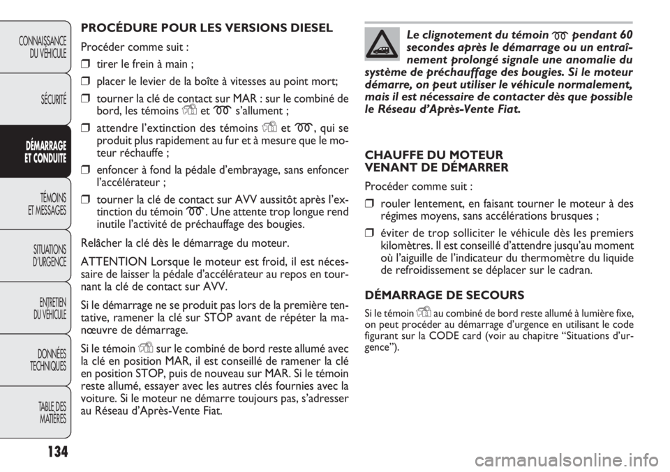 FIAT DOBLO COMBI 2011 Notice dentretien (in French) 134
CONNAISSANCE
DU VÉHICULE
SÉCURITÉ
DÉMARRAGE
ET CONDUITE
TÉMOINS
ET MESSAGES
SITUATIONS
D’URGENCE
ENTRETIEN
DU VÉHICULE
DONNÉES
TECHNIQUES
TABLE DES
MATIÈRES
PROCÉDURE POUR LES VERSION FIAT DOBLO COMBI 2011 Notice dentretien (in French) 134
CONNAISSANCE
DU VÉHICULE
SÉCURITÉ
DÉMARRAGE
ET CONDUITE
TÉMOINS
ET MESSAGES
SITUATIONS
D’URGENCE
ENTRETIEN
DU VÉHICULE
DONNÉES
TECHNIQUES
TABLE DES
MATIÈRES
PROCÉDURE POUR LES VERSION