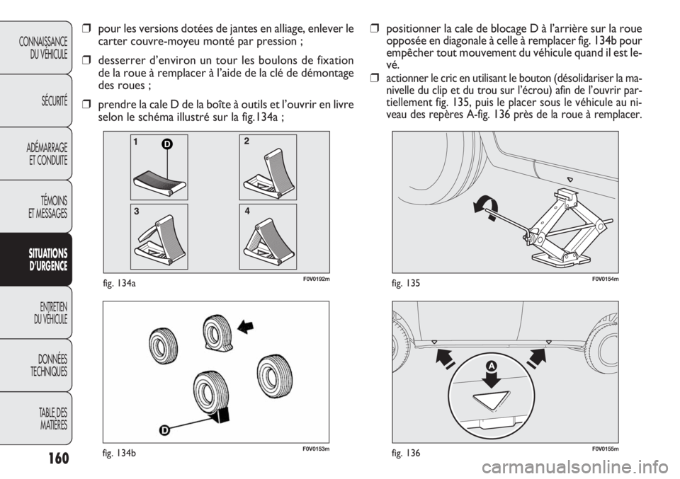 FIAT DOBLO COMBI 2011 Notice dentretien (in French) 160
CONNAISSANCE
DU VÉHICULE
SÉCURITÉ
ADÉMARRAGE
ET CONDUITE
TÉMOINS
ET MESSAGES
SITUATIONS
D’URGENCE
ENTRETIEN
DU VÉHICULE
DONNÉES
TECHNIQUES
TABLE DES
MATIÈRES
F0V0153mfig. 134bF0V0155mf FIAT DOBLO COMBI 2011 Notice dentretien (in French) 160
CONNAISSANCE
DU VÉHICULE
SÉCURITÉ
ADÉMARRAGE
ET CONDUITE
TÉMOINS
ET MESSAGES
SITUATIONS
D’URGENCE
ENTRETIEN
DU VÉHICULE
DONNÉES
TECHNIQUES
TABLE DES
MATIÈRES
F0V0153mfig. 134bF0V0155mf