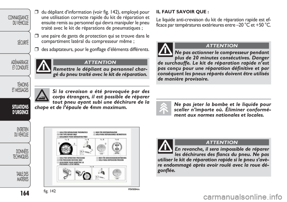 FIAT DOBLO COMBI 2011 Notice dentretien (in French) 164
CONNAISSANCE
DU VÉHICULE
SÉCURITÉ
ADÉMARRAGE
ET CONDUITE
TÉMOINS
ET MESSAGES
SITUATIONS
D’URGENCE
ENTRETIEN
DU VÉHICULE
DONNÉES
TECHNIQUES
TABLE DES
MATIÈRES
Si la crevaison a été pr FIAT DOBLO COMBI 2011 Notice dentretien (in French) 164
CONNAISSANCE
DU VÉHICULE
SÉCURITÉ
ADÉMARRAGE
ET CONDUITE
TÉMOINS
ET MESSAGES
SITUATIONS
D’URGENCE
ENTRETIEN
DU VÉHICULE
DONNÉES
TECHNIQUES
TABLE DES
MATIÈRES
Si la crevaison a été pr