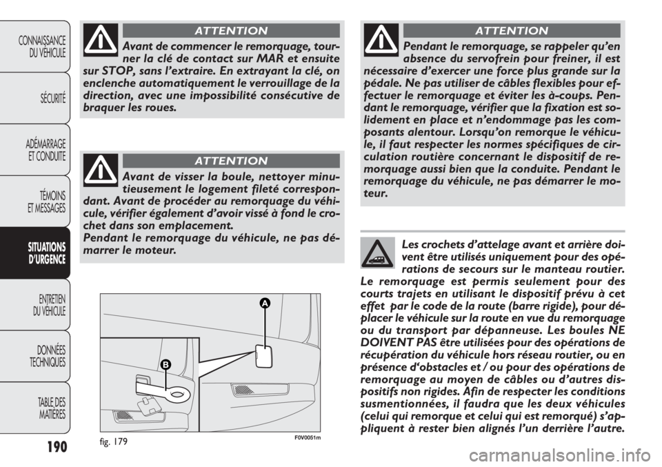 FIAT DOBLO COMBI 2011 Notice dentretien (in French) 190
CONNAISSANCE
DU VÉHICULE
SÉCURITÉ
ADÉMARRAGE
ET CONDUITE
TÉMOINS
ET MESSAGES
SITUATIONS
D’URGENCE
ENTRETIEN
DU VÉHICULE
DONNÉES
TECHNIQUES
TABLE DES
MATIÈRES
F0V0051mfig. 179
Avant de FIAT DOBLO COMBI 2011 Notice dentretien (in French) 190
CONNAISSANCE
DU VÉHICULE
SÉCURITÉ
ADÉMARRAGE
ET CONDUITE
TÉMOINS
ET MESSAGES
SITUATIONS
D’URGENCE
ENTRETIEN
DU VÉHICULE
DONNÉES
TECHNIQUES
TABLE DES
MATIÈRES
F0V0051mfig. 179
Avant de