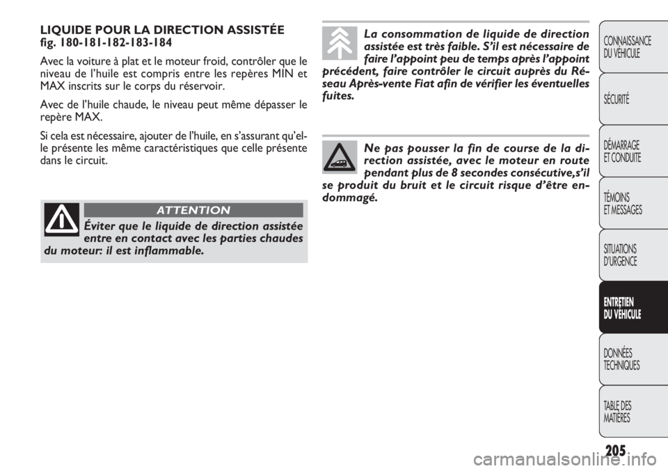FIAT DOBLO COMBI 2011  Notice dentretien (in French) 205
CONNAISSANCE
DU VÉHICULE
SÉCURITÉ
DÉMARRAGE
ET CONDUITE
TÉMOINS
ET MESSAGES
SITUATIONS 
D’URGENCE
ENTRETIEN
DU VÉHICULE
DONNÉES
TECHNIQUES
TABLE DES 
MATIÈRES
LIQUIDE POUR LA DIRECTION A