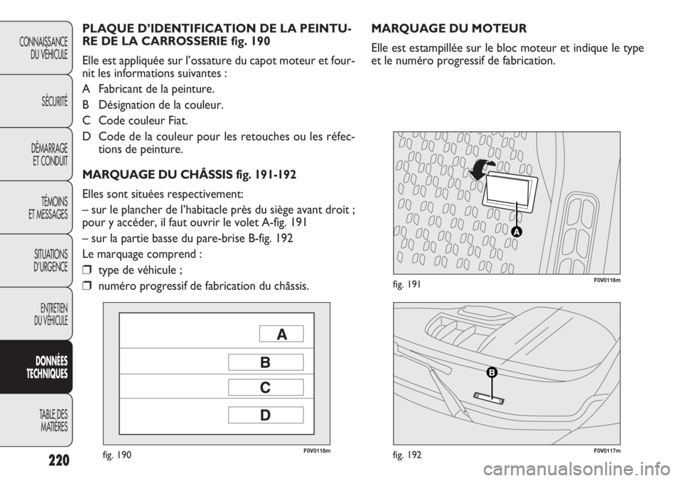 FIAT DOBLO COMBI 2011 Notice dentretien (in French) 220
CONNAISSANCE
DU VÉHICULE
SÉCURITÉ
DÉMARRAGE
ET CONDUIT
TÉMOINS
ET MESSAGES
SITUATIONS
D’URGENCE
ENTRETIEN
DU VÉHICULE
DONNÉES
TECHNIQUES
TABLE DES
MATIÈRES
F0V0118mfig. 190F0V0117mfig. FIAT DOBLO COMBI 2011 Notice dentretien (in French) 220
CONNAISSANCE
DU VÉHICULE
SÉCURITÉ
DÉMARRAGE
ET CONDUIT
TÉMOINS
ET MESSAGES
SITUATIONS
D’URGENCE
ENTRETIEN
DU VÉHICULE
DONNÉES
TECHNIQUES
TABLE DES
MATIÈRES
F0V0118mfig. 190F0V0117mfig.