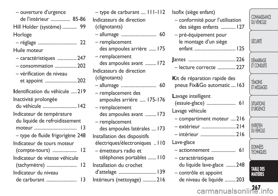 FIAT DOBLO COMBI 2011  Notice dentretien (in French) 267
CONNAISSANCE
DU VÉHICULE
SÉCURITÉ
DÉMARRAGE
ET CONDUITE
TÉMOINS
ET MESSAGES
SITUATIONS 
D’URGENCE
ENTRETIEN
DU VÉHICULE
DONNÉES
TECHNIQUES
TABLE DES 
MATIÈRES
– ouverture d’urgence 
